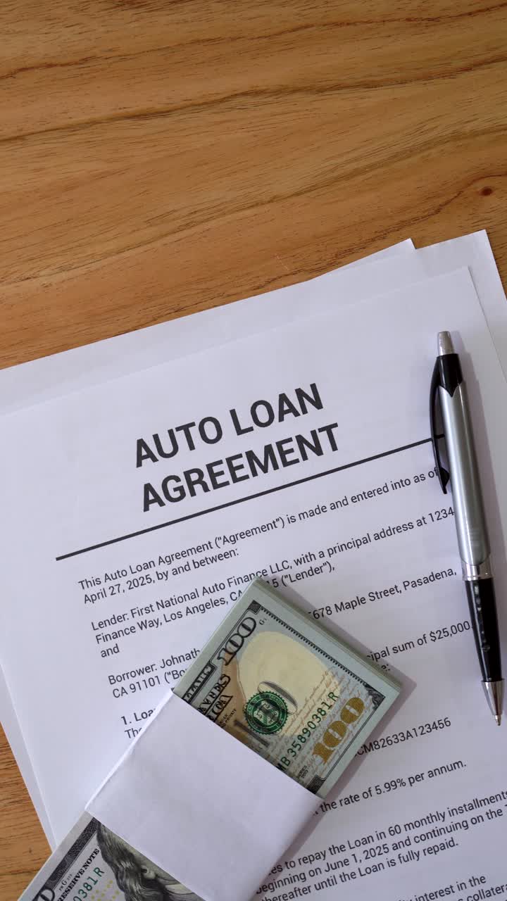 Vertical zoom in shot of auto loan agreement. Concept of borrow money to buy a car.