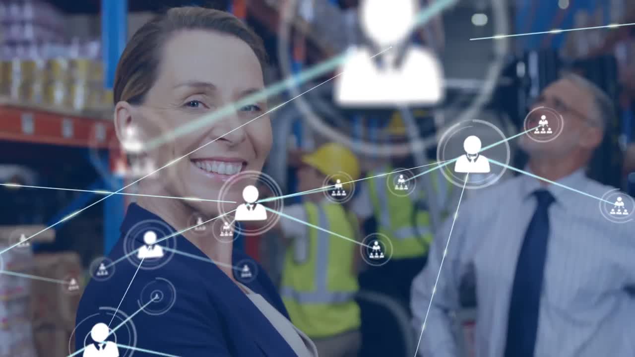 animación de la red de conexiones con iconos sobre diversas personas que trabajan en el almacén