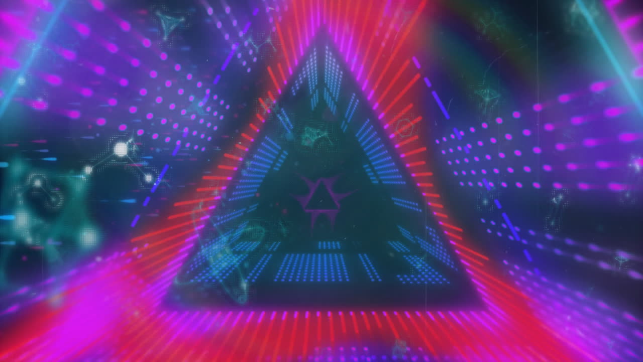 Creating futuristic effect, neon triangle with vibrant lights and digital patterns