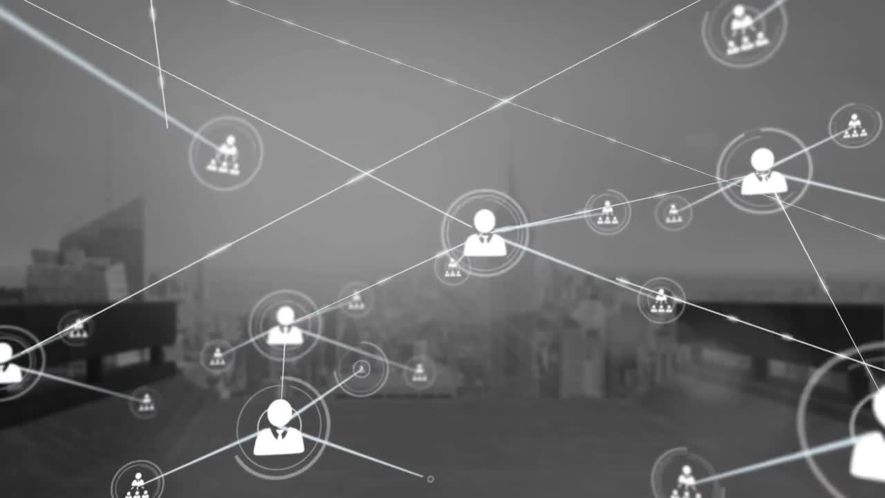 animación de una red de iconos de perfil frente a una vista aérea del paisaje urbano