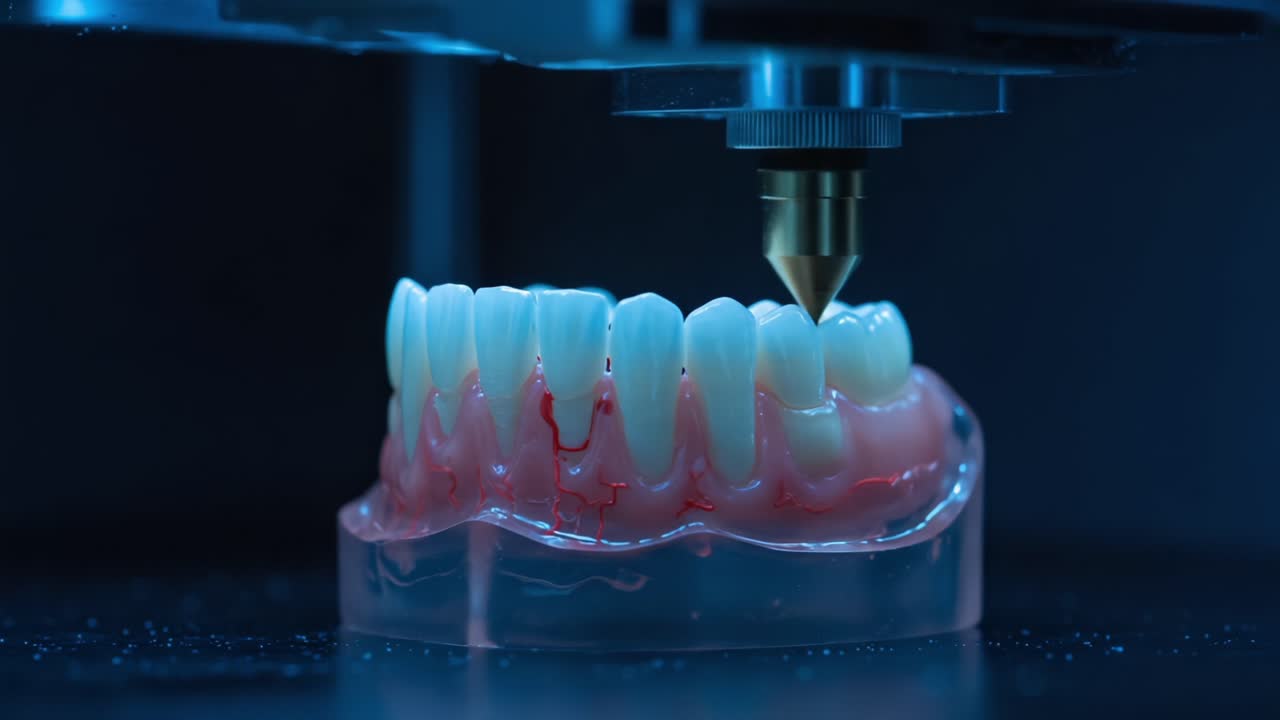 Advanced 3D Printing Technology in Dentistry Showcasing Synthetic Tooth Models Being Manufactured with Precision and Detail Using Cutting-Edge Techniques