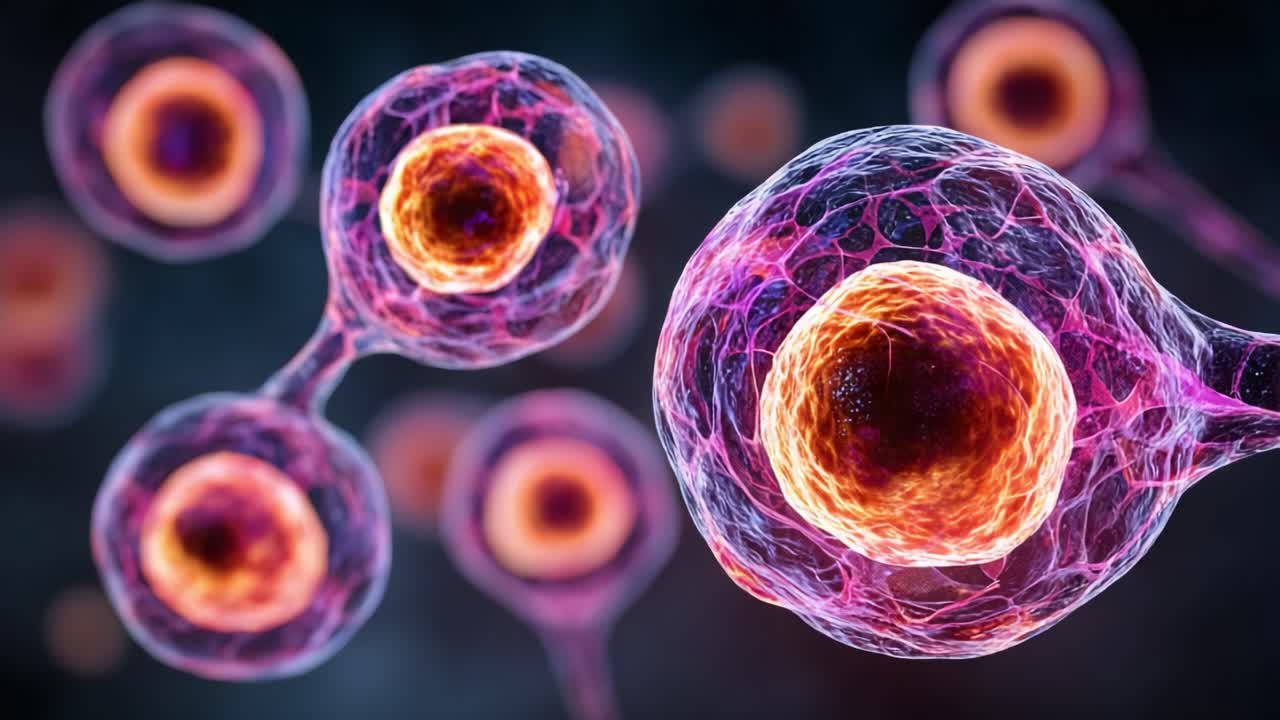 Visione microscopica complessa di cellule vivaci che mostrano strutture dinamiche e attività energetica sotto osservazione scientifica