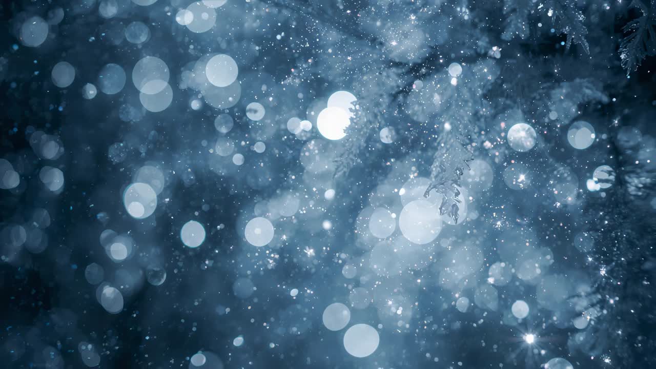 Wind stirring snow, camera revealing frosted conifer branch in forest, creating bokeh