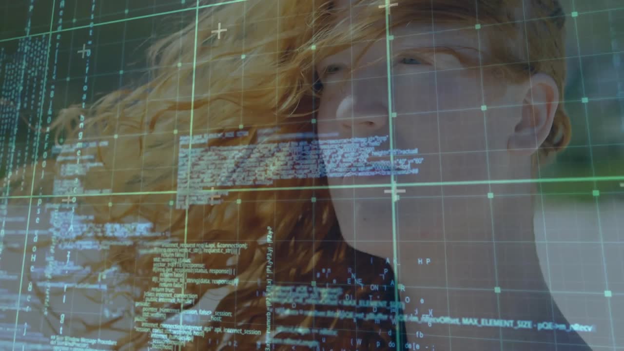 woman analyzing virtual technology interface, overlaying translucent green grid and scrolling code