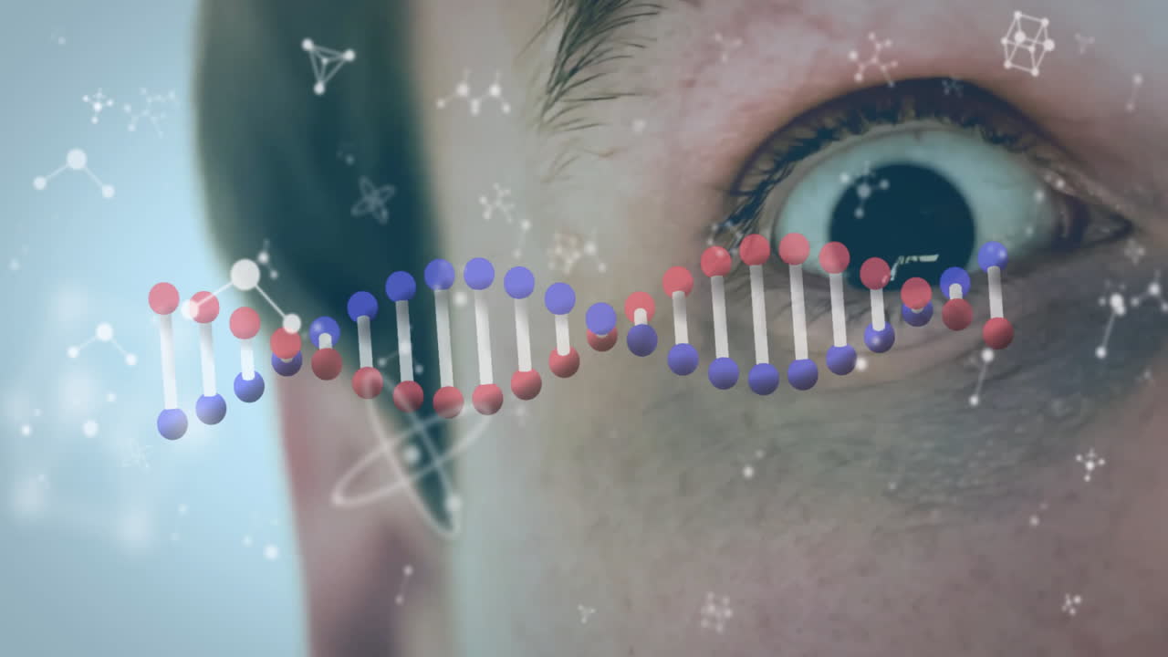 Animation of dna strand and molecules over eye of caucasian man