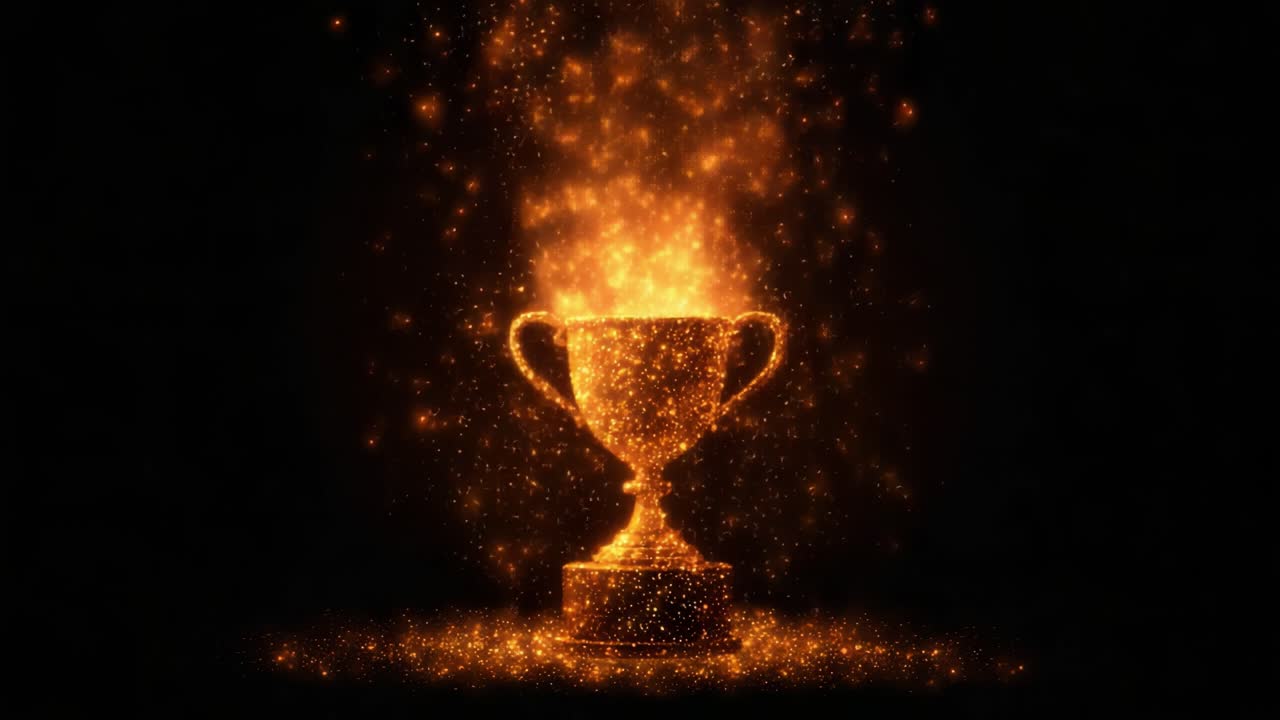 Un'accattivante esposizione di energia scintillante che circonda un elegante trofeo, che simboleggia il raggiungimento e il successo su uno sfondo scuro.