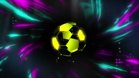 Animation-of-football-and-markers-and-multicoloured-light-trails-pattern-moving-on-seamless-loop