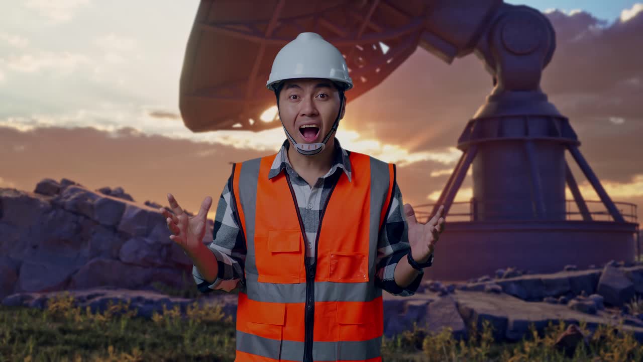 Asian Male Engineer With Safety Helmet Smiling To Camera And Saying Wow While Standing With Large Satellite Dish