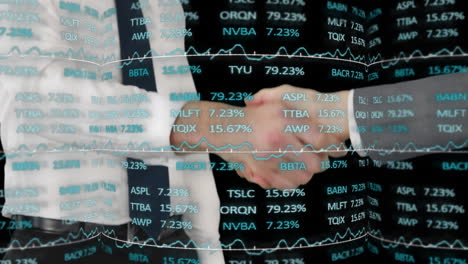 stock market data processing against mid section of two businessmen shaking hands