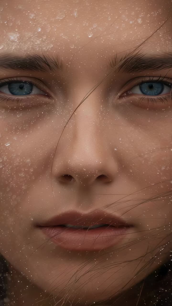 Video verticale: donna adulta che respira e fissa lo sguardo all'aperto, con la brezza che le sposta i capelli e la sabbia
