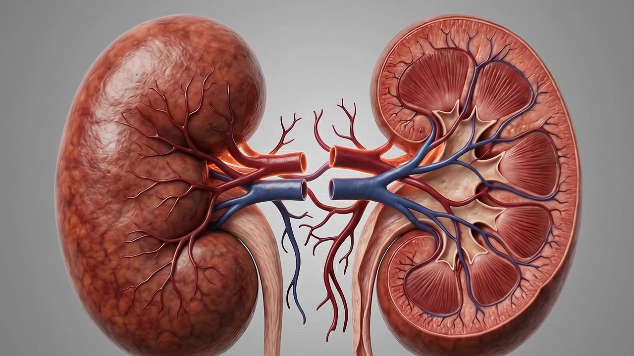 Realistic human kidneys anatomy visualization with renal arteries isolated on white background