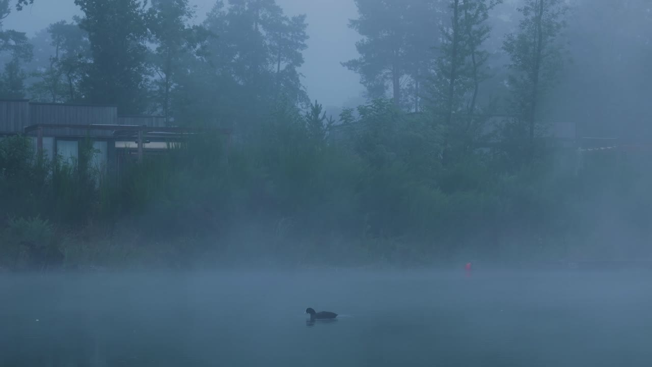 호수  리조트에서 안개가 가득한 아침