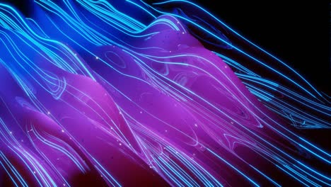 superficie 3d abstracta con hermosas olas, chispas luminosas y brillante gradiente de color azul púrpura. las olas corren en una superficie muy brillante y brillante con brillo brillante y líneas de brillo. animación en bucle 4k