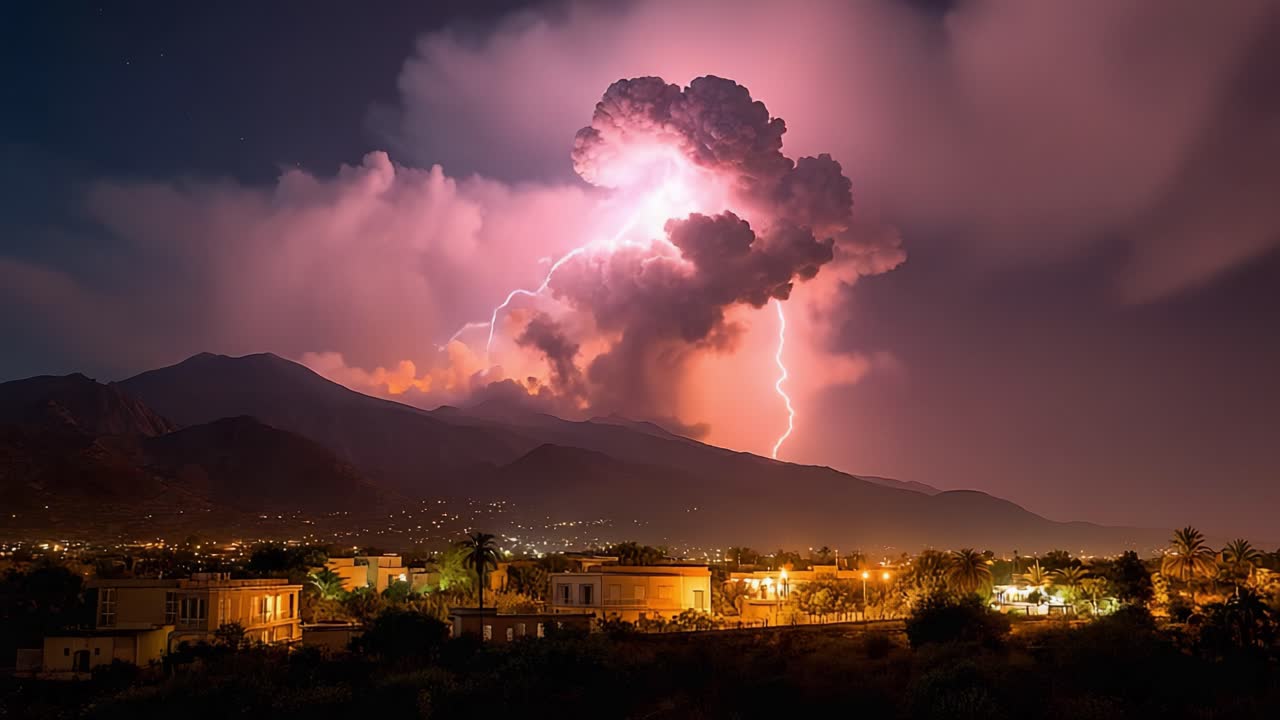 Splendida vista notturna di un'eruzione vulcanica che illumina il cielo con fulmini e nuvole esplosive su un paesaggio sereno al tramonto