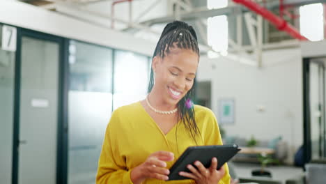 Black-woman,-office-and-tablet-for-typing