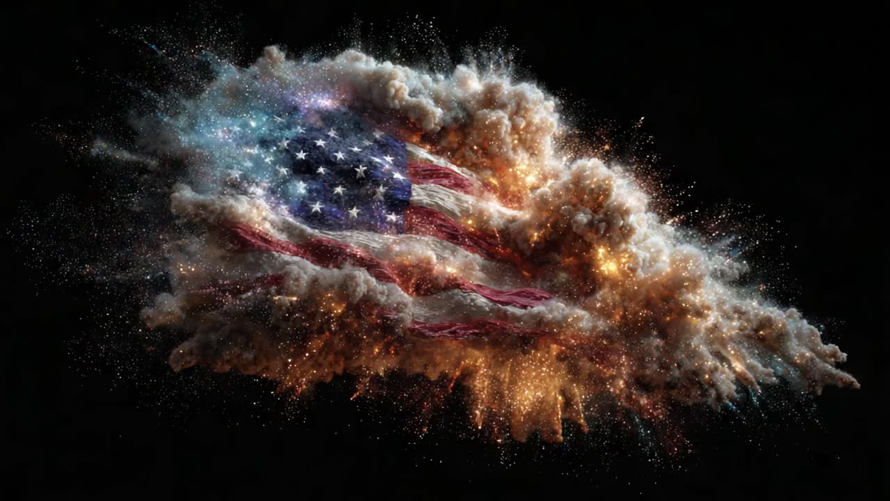 An Explosive Display of Patriotism: The American Flag Emerges from a Cosmic Blast of Color and Light, Symbolizing Freedom and Strength in a Dramatic Visual Moment