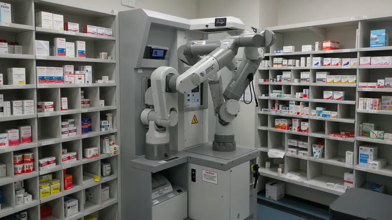 Advanced Robotic Dispensing System in a Pharmacy Setting, Showcasing Precision Technology for Automating Medication Management and Inventory Control