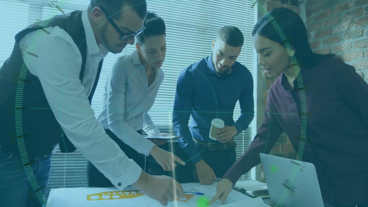 Collaborating on project plans, business team using digital data animation in office