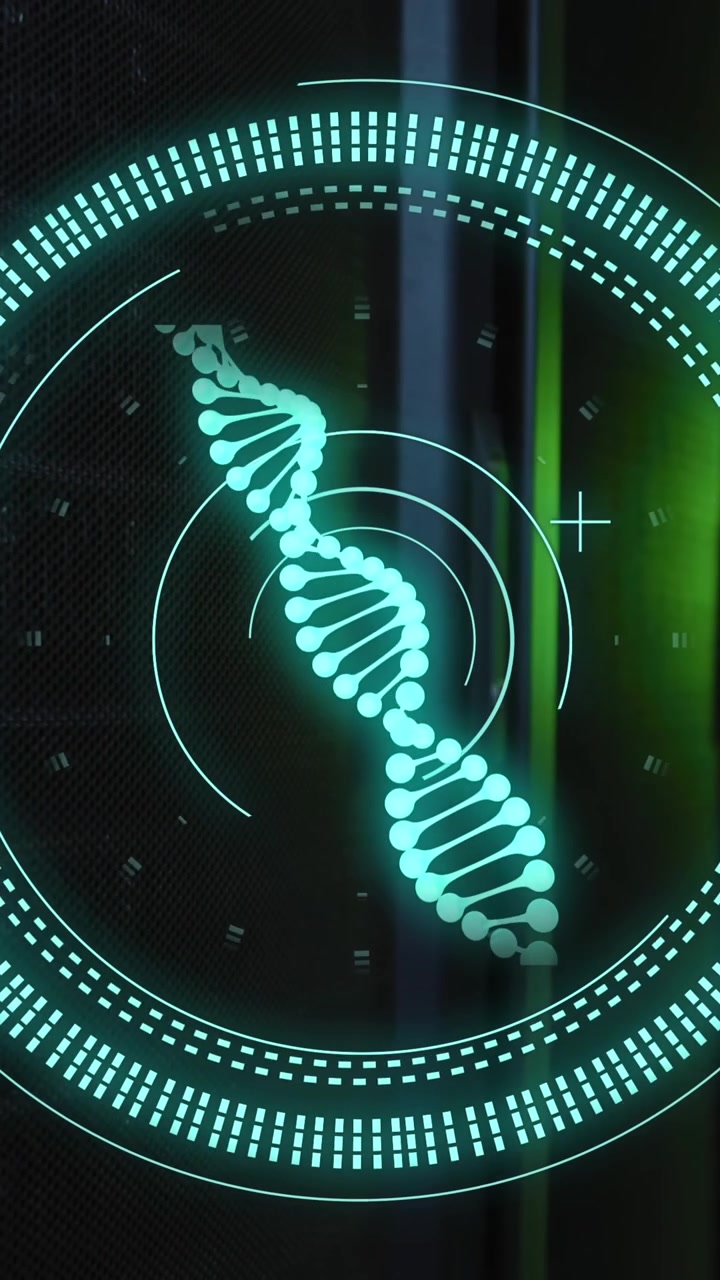 Animation of scope scanning with dna strand and data processing over server room