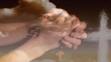 Animation-of-caucasian-woman-praying-with-rosary-over-clouds