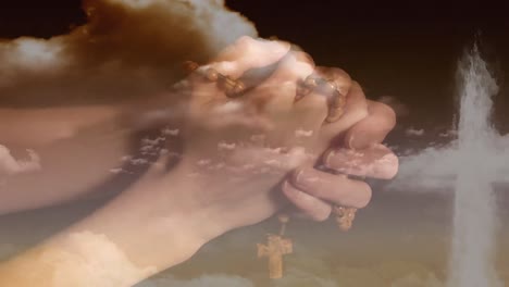 animation of caucasian woman praying with rosary over clouds