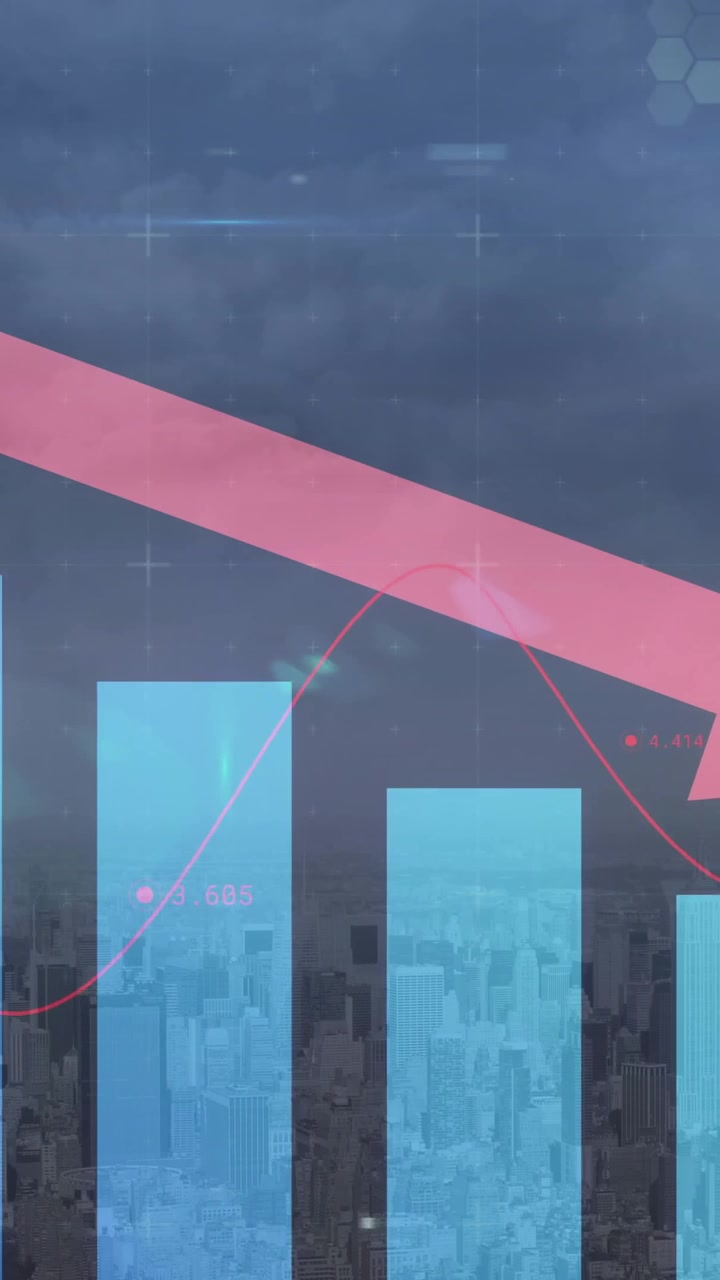 Animation of shapes and diagrams over cityscape