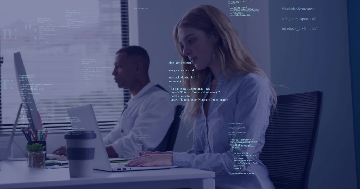 Animation of financial data processing over diverse business people in office