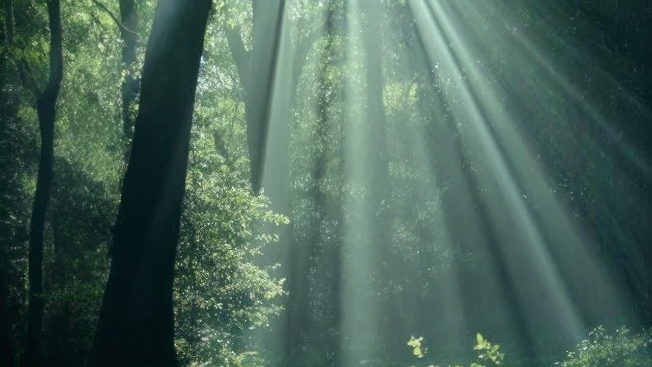 Sunlight filters through dense forest trees, creating a serene, mystical atmosphere