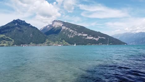 Flying-over-the-Lake-in-Spiez-located-just-south-gf-Bern,-Switzerland