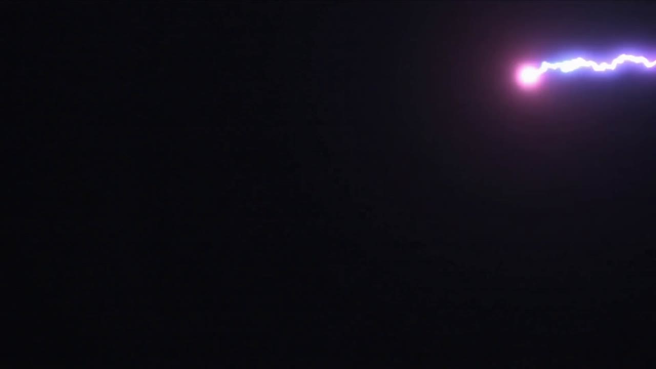 Emitting pink orb firing purple arcs connecting bursting sparks on black void, showing energy flow