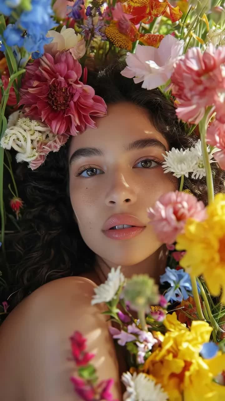 Un primo piano video di una donna circondata da fiori vivaci, che cattura un'atmosfera serena e da sogno