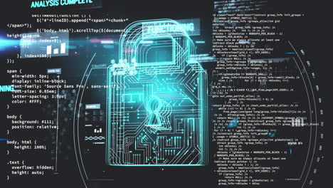 Animation-of-scope-scanning-over-security-padlock-icon-and-data-processing-against-black-background