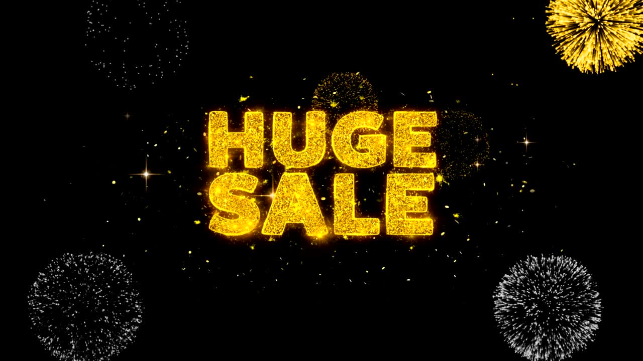 화려한 금색 입자 불꽃놀이에 대한 거대한 판매 텍스트를 공개합니다.