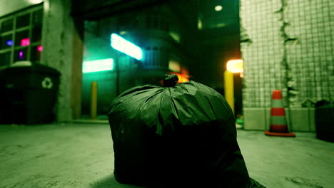 trash bag on a dark city street