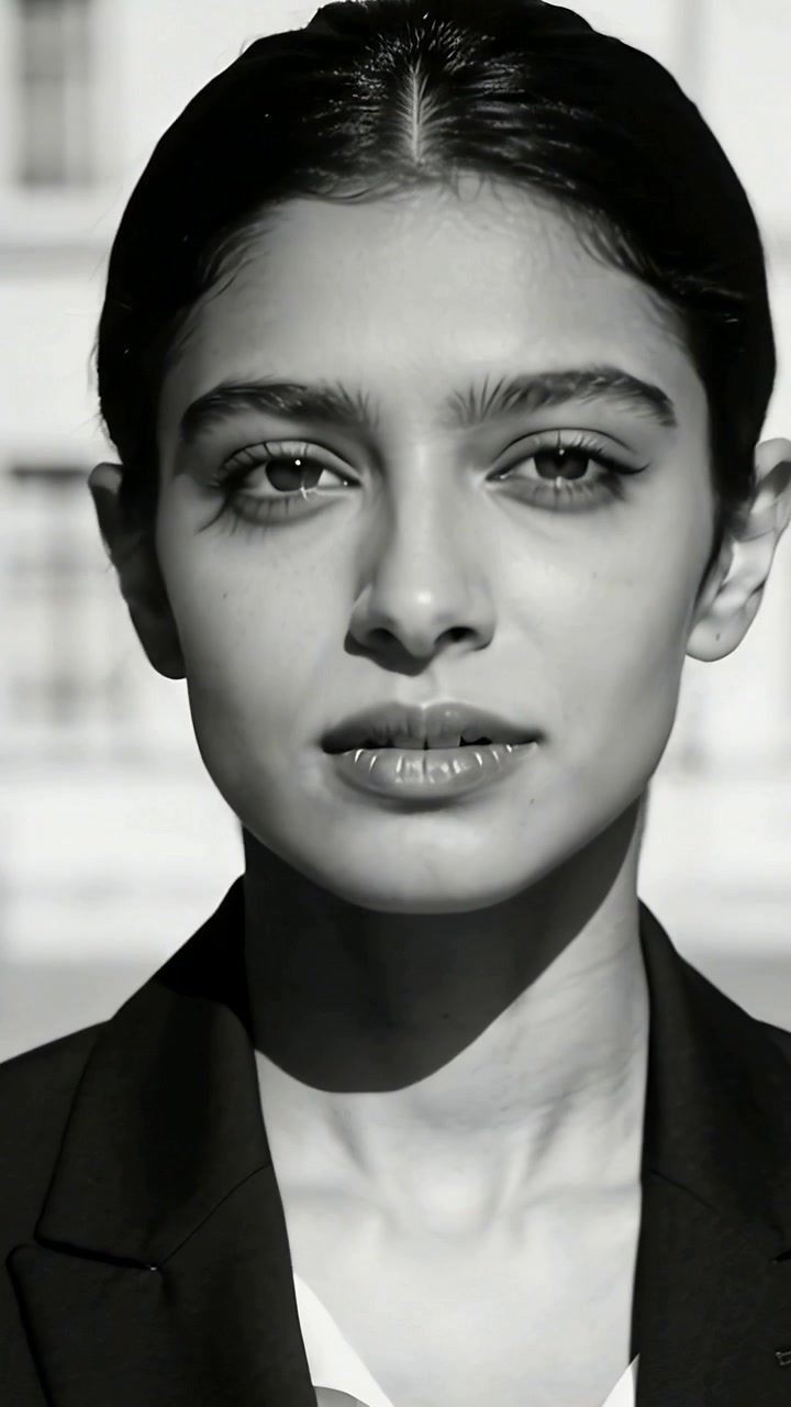 Vertical video: Cue cueing model turning head, varying gaze on blurred facade, in blazer for shoot