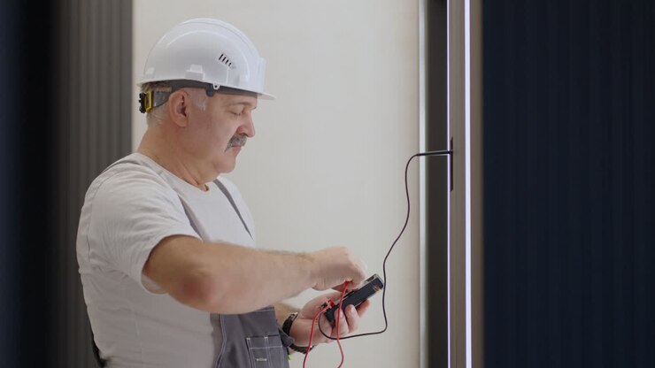 Elderly Electrician checks the operation of the wall control unit of lamps with the system of a modern house after installation and repair