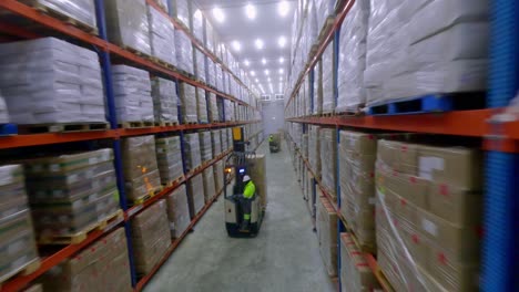 FPV-drone-flight-between-multi-storey-shelves-and-over-forklifts-moving-freight-in-frozen-food-storage-facility-warehouse