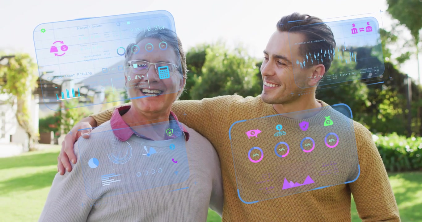 Padre e hijo chocando los codos en un césped soleado con gráficos holográficos flotando y fortaleciendo su vínculo.