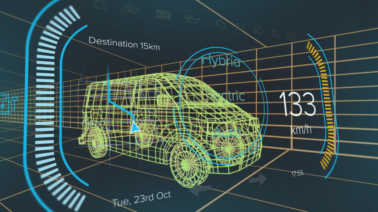 Animation of futuristic car dashboard with electric vehicle data in school setting