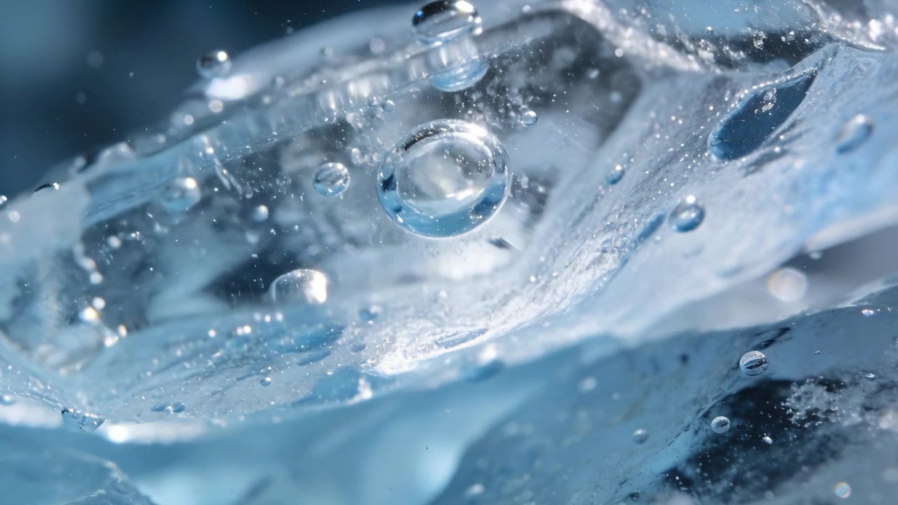 スタジオでカメラが焦点を移動させ、中央の気泡と微細な気泡がある透明な氷の細部を明らかにする。