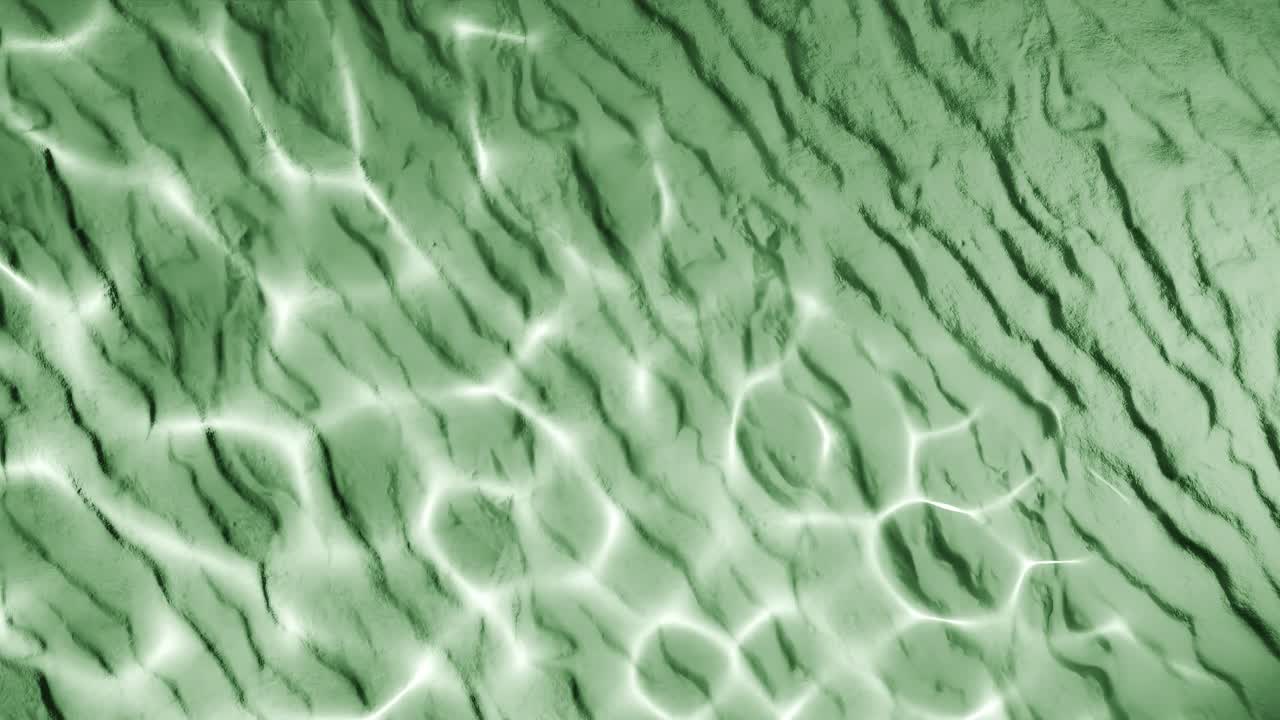 Water reflection light pattern on wrinkled green sand surface. Abstract natural overlay with wavy lines and sunlight ripple effect. Design for wallpaper, banner, postcard, greeting card, poster,