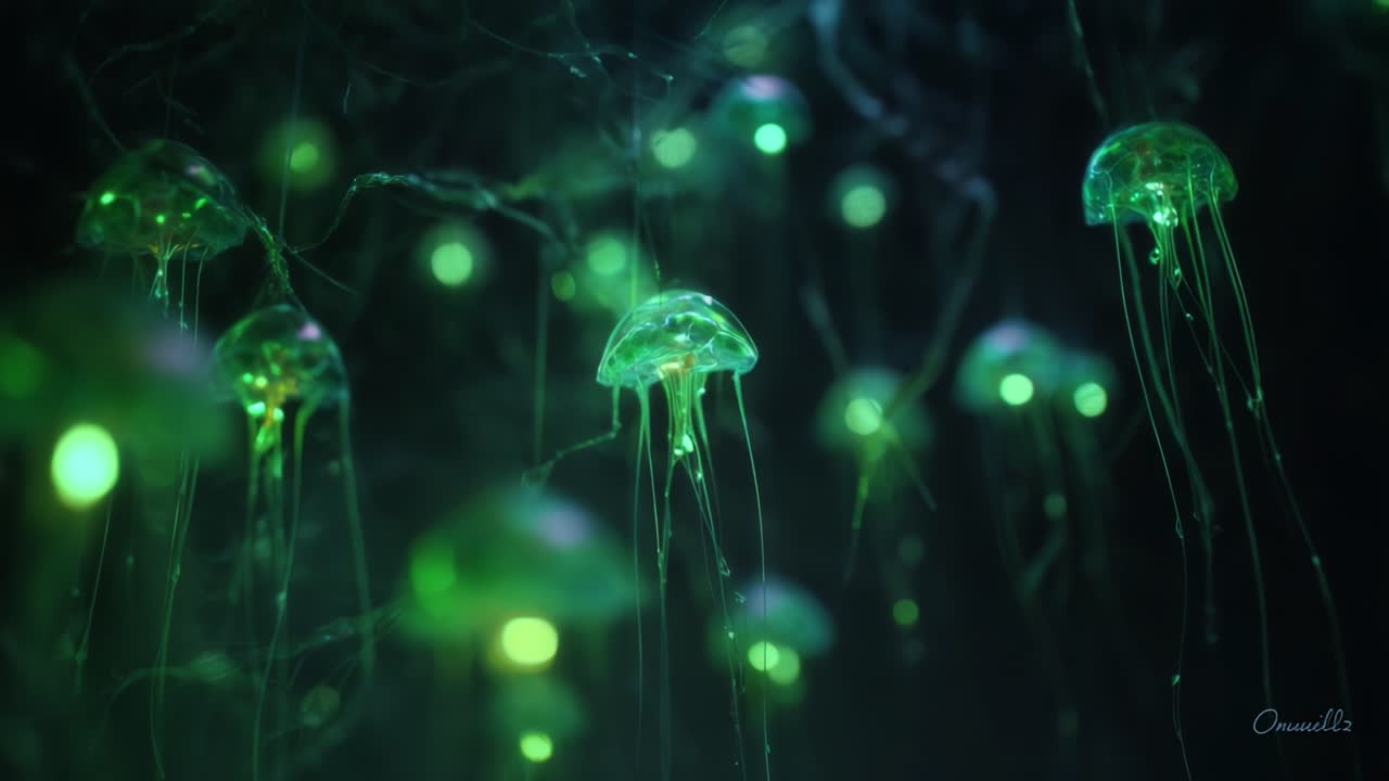 A Mesmerizing Display of Ethereal Jellyfish Illuminating the Deep Sea with Their Glowing Green Bioluminescence, Creating a Dreamlike Underwater Atmosphere with Vibrant Colors