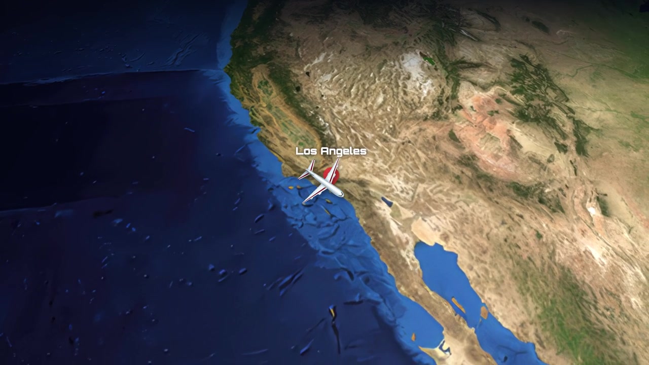 Un avión 3D vuela a través del Océano Pacífico de Seúl a Los Ángeles en la Tierra.