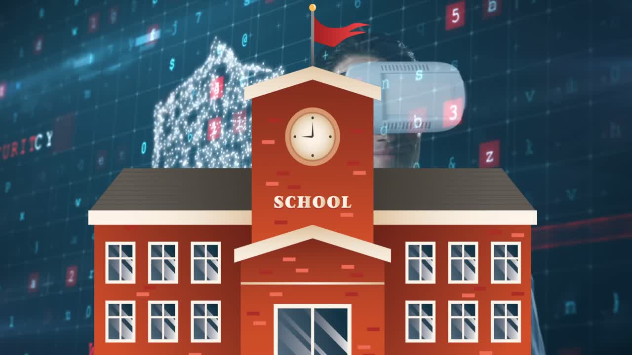 학교, 데이터 및 디지털 록의 애니메이션 카우카시안 맨 인 vr 헤드