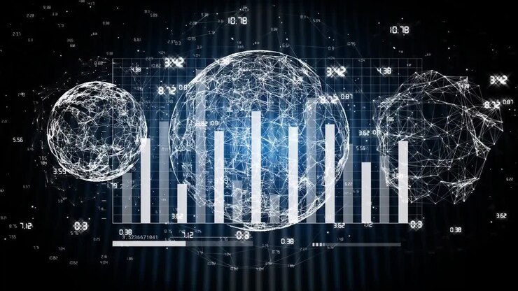 Animation of statistical data processing against three globes of network of connections spinning