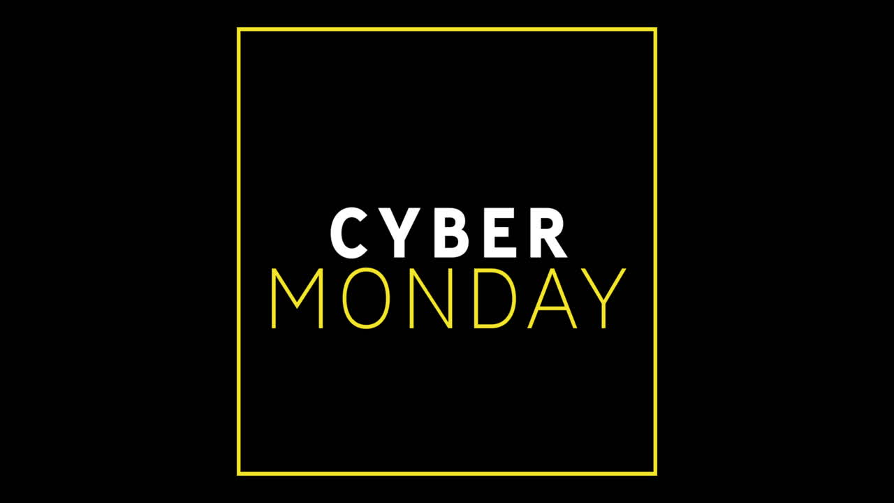 검은 화면 위에 나타나는  ⁇ 색과 노란색 사이버 월요일 텍스트