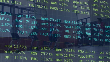 animation of financial data processing over diverse group of male basketball players at gym