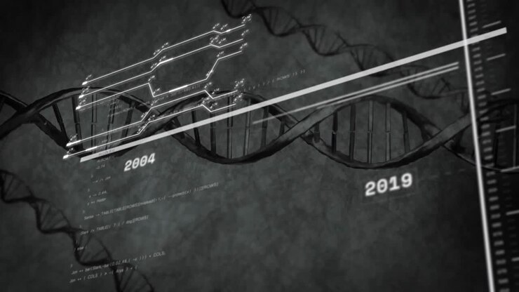 Elica di DNA che scorre orizzontalmente attraverso l'interfaccia utente, sovrapponendo frammenti di codice, etichettando i marcatori 2009 e 2016.