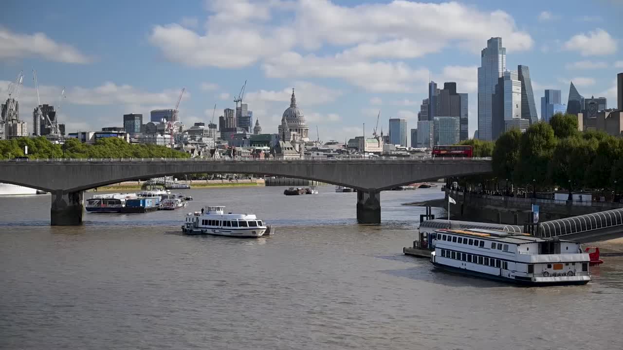 London buses crossing Waterloo Bridge over the River Thames, showcasing urban transport, iconic views, and the city’s vibrant daily life