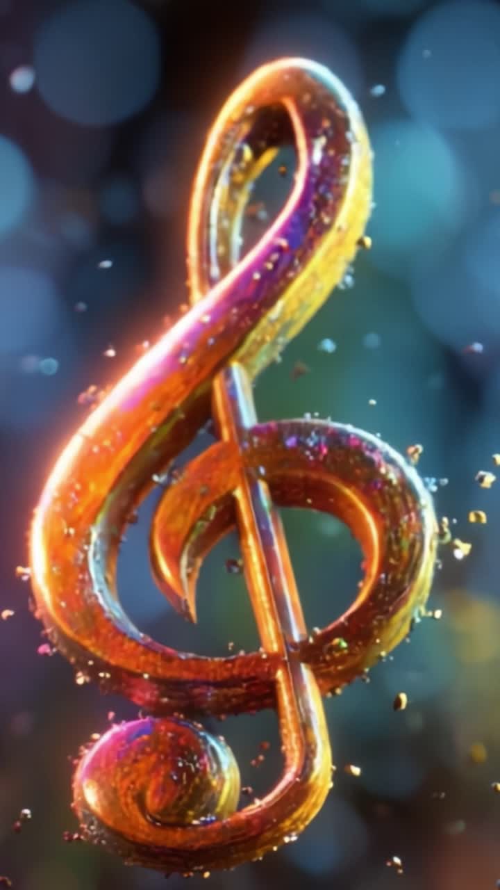 Una chiave di violino scintillante e vivace, catturata in due splendide inquadrature, che mostra la bellezza e l'eleganza della musica in uno spettacolo abbagliante e colorato